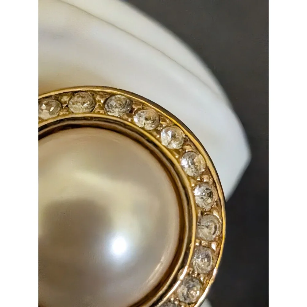 Christian Dior Gold Tone Faux Pearl Earrings With Rhinestones